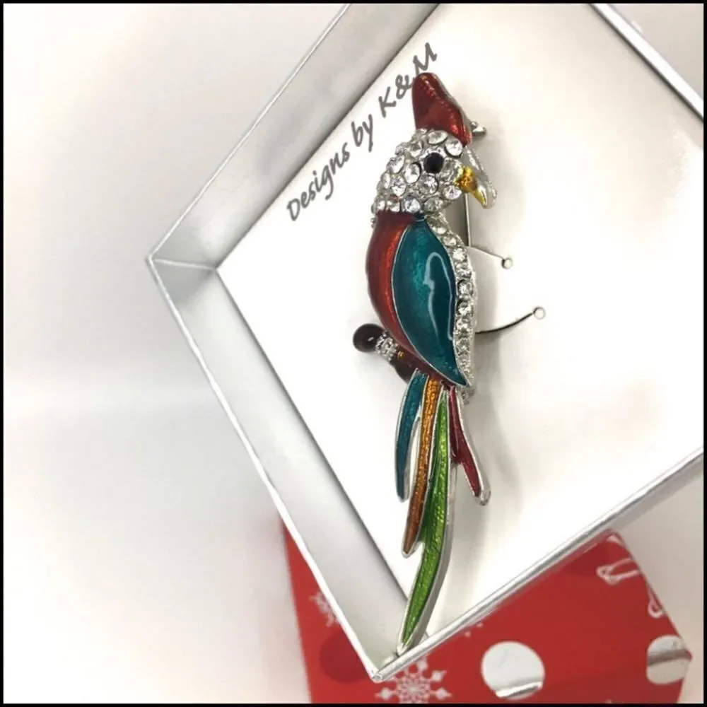 Enamel and Rhinestone Parrot Brooch